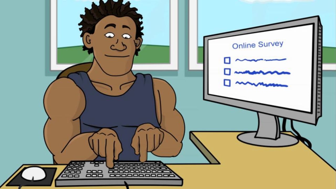 Cartoon man typing on keyboard taking online survey