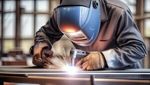 A close up of a welder making a weld on two pieces of sheetmetal