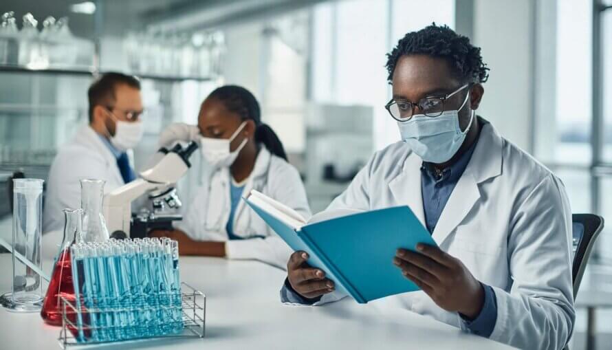 A lab tech wearing a mask studying manuals