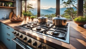 A large kitchen cooktop with pots and pans