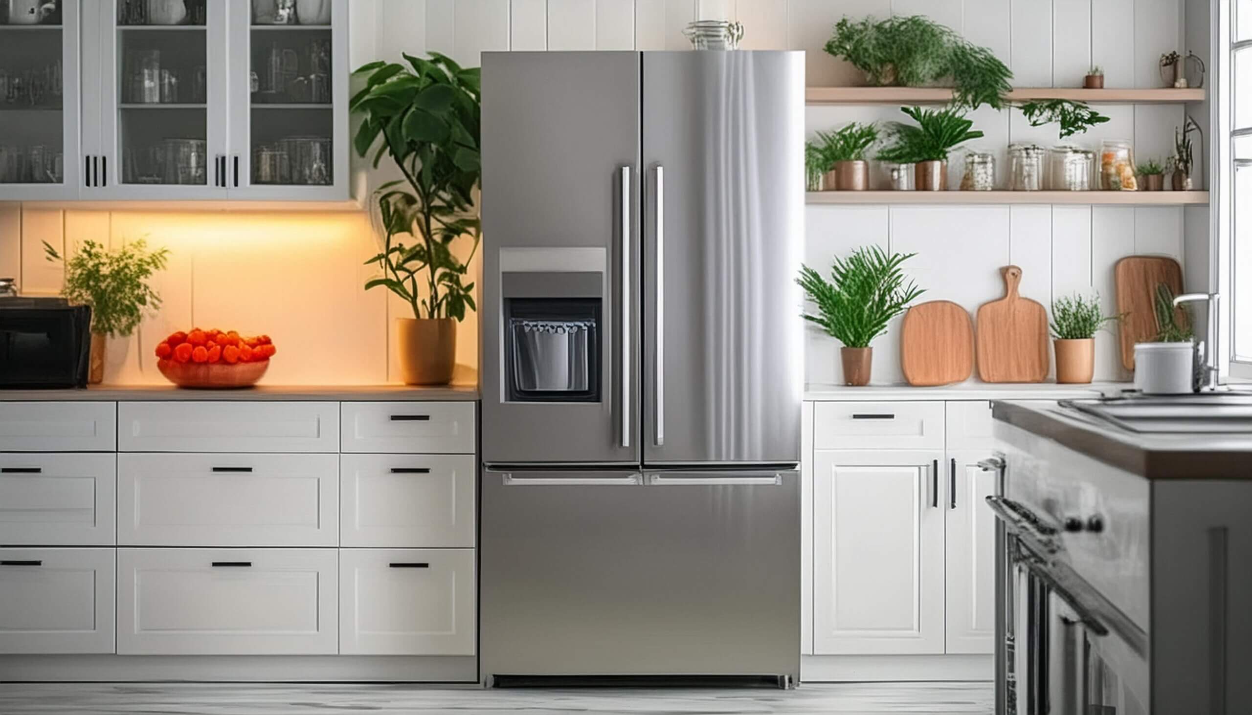 A modern refrigerator surrounded by cabinets