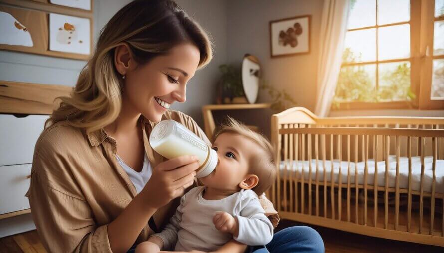 A mother feeding her baby a bottle in their nursery