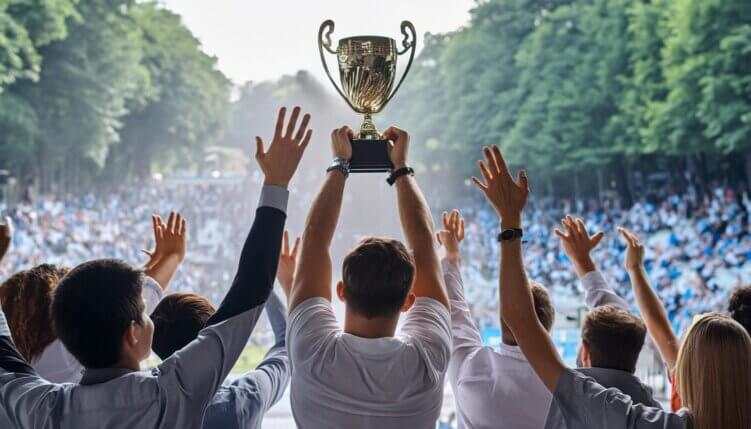 A team raising a trophy with a cheering crowd behind them