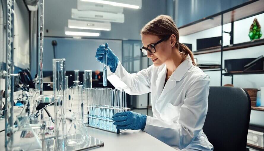 a lab technician performing a test with a testing tube