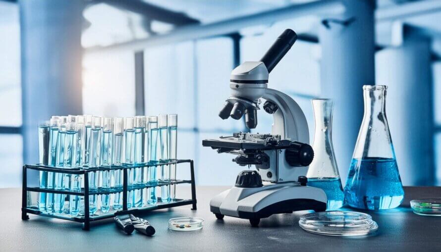 medical lab equipment - microscope and tools in the laboratory