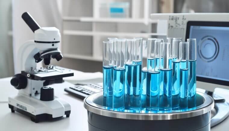 test tubes with blue liquid in a centrifuge; a microscope in the foreground