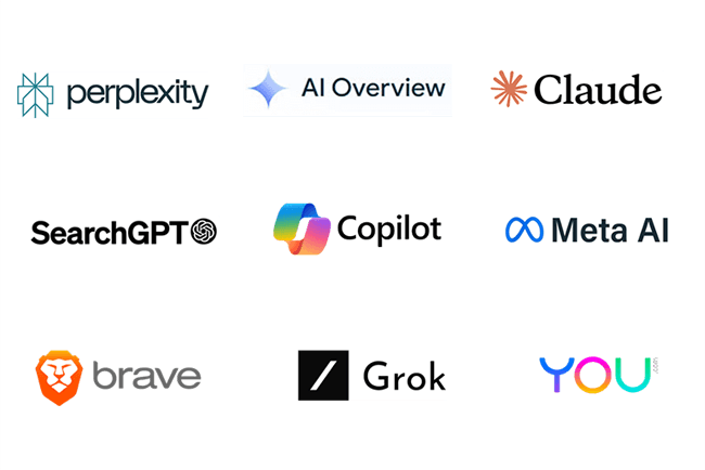 Logos of AI search companies including Claude, SearchGPT, Meta AI, and more.